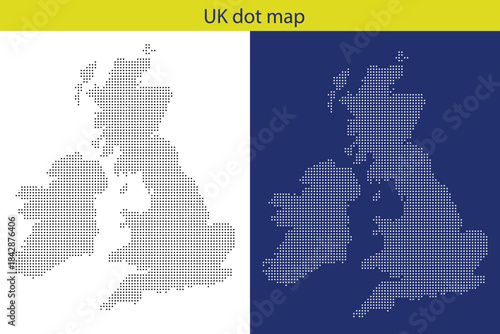 UK Vector dotted world map.black halftone dotted map illustration vector, Vector style dotted map used for digital insights ,Vector geographic map on white and blue backgrounds