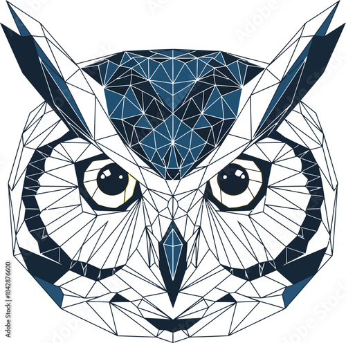 Geometric owl illustration with blue and white triangles on a gray background