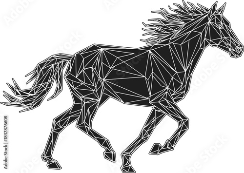 Geometric horse illustration in black and white running on a plain white background