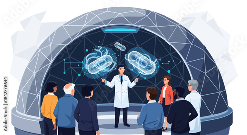 Innovative medical presentation showcasing advanced biotechnology to diverse audience in research