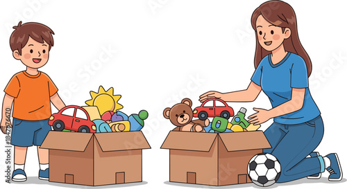 Mother and son sorting toys into donation boxes, clean up, organizing for charity, giving, flat vector illustration set.