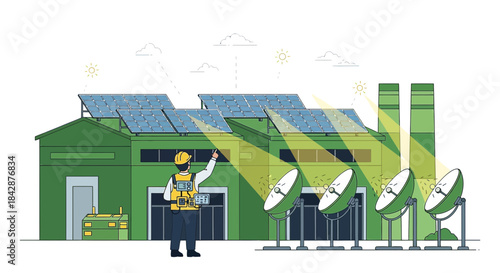 Innovative renewable energy factory with solar panels and parabolic dishes creating power