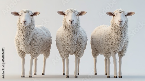 Three White Sheep Standing Together in a Row on a Plain Background