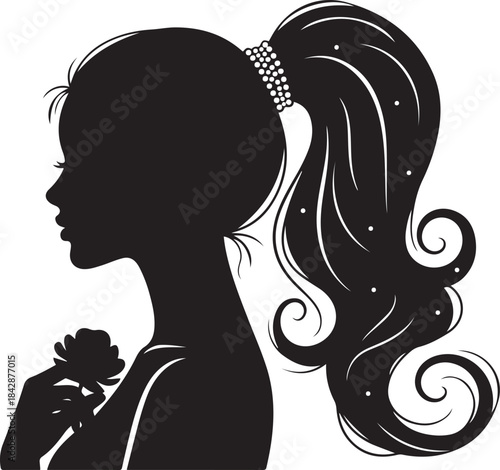 Black Silhouette Profile Of A Woman With A Ponytail And Rose girl female