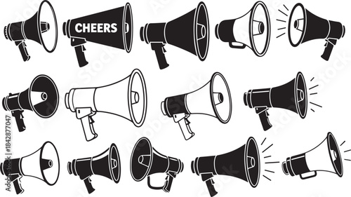 Collection of black and white megaphone icons with various designs and styles bullhorn