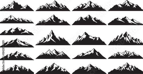 Collection of Black Silhouette Mountain Ranges with Snow on White Background mountains