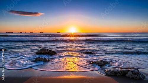 Fototapeta Naklejka Na Ścianę i Meble -  A breathtaking sunrise over the ocean with waves washing ashore on a rocky beach