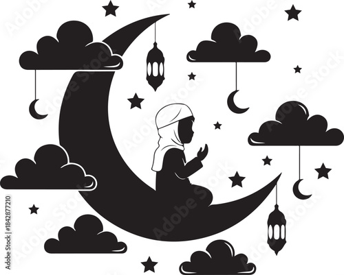 Silhouette of a person praying on a crescent moon surrounded by clouds and stars Islam