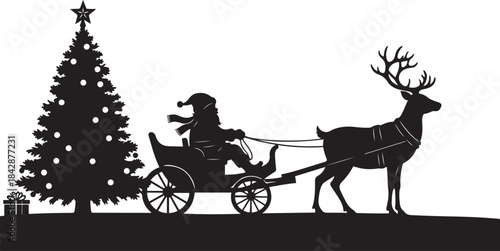 Silhouette of Santa Claus riding a reindeer-drawn sleigh past a decorated Christmas tree