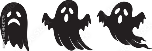 Three Black Silhouette Ghosts with Different Expressions on White Background halloween