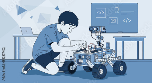 Innovative young student exploring robotics and engineering concepts in an educational environment