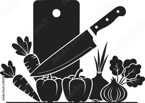Knife, Chopping Board and Vegetables Still Life Illustration for Culinary Themes