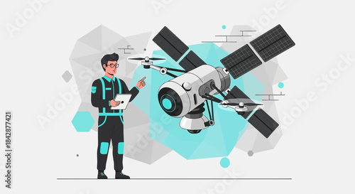 Innovator's Vision: Future technology conceptual engineer overseeing a drone satellite innovation