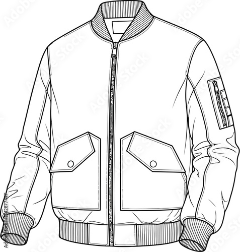 Technical drawing of a classic bomber jacket with pockets and zipper detail