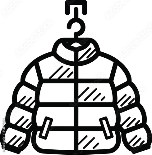 Puffer jacket icon hanging on a hanger in black and white minimalist illustration