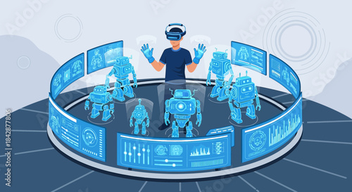 Man Interacting with Robots in Virtual Reality Hologram Control Interface Digital Setup