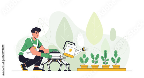 Modern gardening scene with robotic assistant helping a gardener water potted plants
