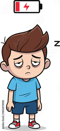 Tired boy with low energy battery icon, exhausted student needs sleep, fatigue and burnout symptom, lack of rest vector illustration.