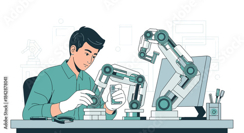 Modern industrial technology concept featuring an engineer working with robotic arms