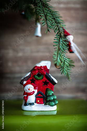 Small red house with Santa for Christmas tree decoration