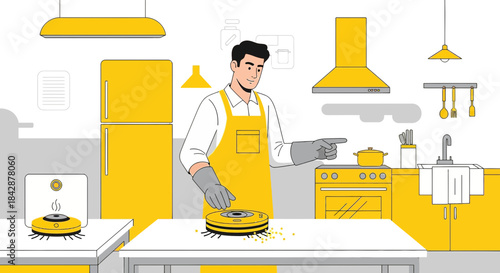 Modern kitchen setup with robotic vacuum cleaner demonstrating advanced home cleaning solutions