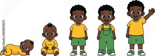 African American boy growing up stages, baby, toddler, and young child development, life growth process vector illustration.
