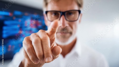 Focused Decision: A close-up shot of a man wearing glasses, extends his finger towards the forefront, suggesting a key point or making a decisive gesture, set against a blurred background. 
