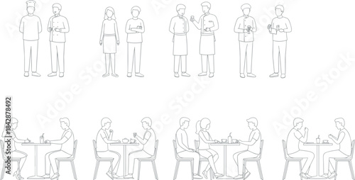 inimal line art illustration of people characters in daily activities, including sitting, reading, sleeping, working, drawing, relaxing, using gadgets, and casual lifestyle scenes