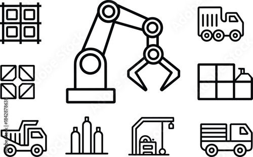 Industrial robot arm, factory equipment, automated manufacturing, cargo transport, logistics icon set, production line, warehouse tools, vector illustration, machinery system