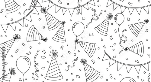 Festive party pattern with party hats balloons confetti and pennant banner design