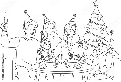 Family celebrating christmas with cake and drinks in a festive line art style