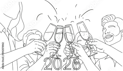 People toasting champagne glasses celebrating new year 2026 in line art style
