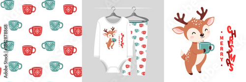 Seamless Winter Christmas pattern, kid illustration with deer hugs warm cup of cocoa. Cute holiday pajamas background. Baby mockup for clothes wear, room decor, t-shirt, baby shower party invitation a