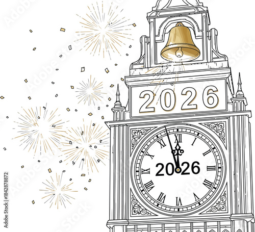 Big ben clock tower strikes midnight on new year's eve 2026 with fireworks display