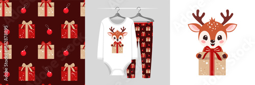 Repeating gift and ornament pattern and Festive Christmas design with playful reindeer holding a gift, matching holiday pajamas. Perfect for family apparel, gifts, and seasonal branding projects