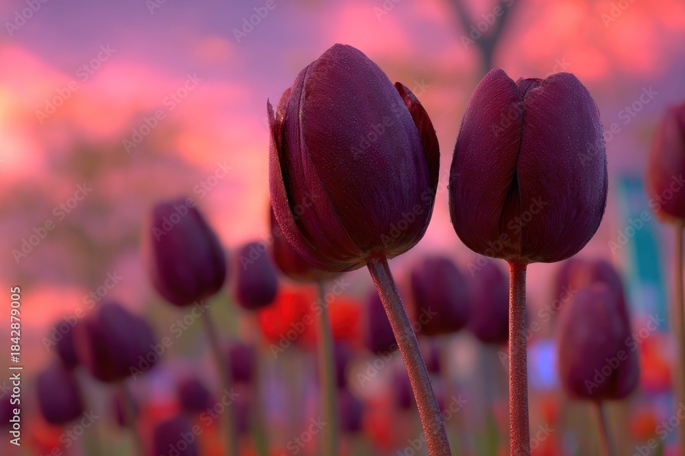 Fototapeta premium Close-up of deep purple tulips in a garden, bathed in the soft glow of a pink sunset