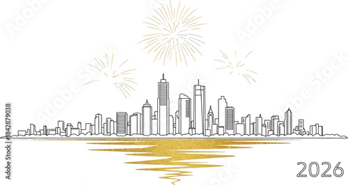 City skyline with fireworks and golden reflections celebrating the year 2026