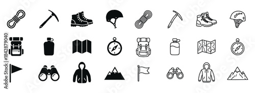 Outline and solid style climbing hiking adventure gear vector illustration set