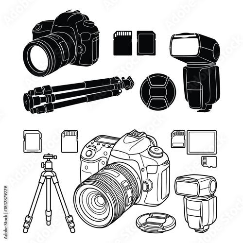 Photography camera accessories professional equipment vector illustration collection