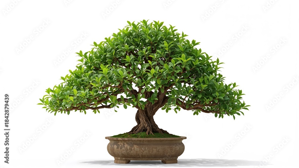 Fototapeta premium A bonsai tree with lush green leaves in a decorative pot.