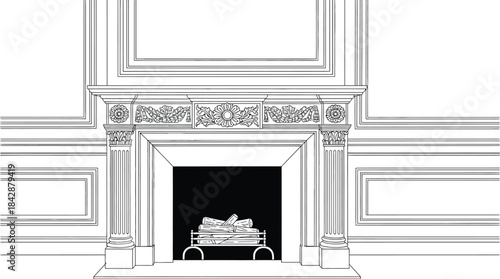 Elegant fireplace with marble mantel and decorative carvings in a classic design