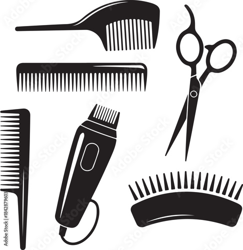 Hairdressing and Grooming Equipment Icons  - barber, barbershop, hair, salon, hairdresser, scissors, comb, clipper, trimmer, silhouette, vector,