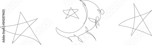 A minimalist line drawing of three stars and a crescent moon with a star inside on a