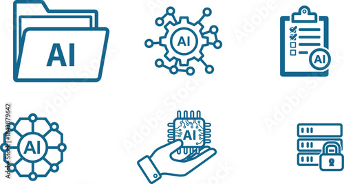 Artificial intelligence and machine learning modern technology concepts vector line icons collection