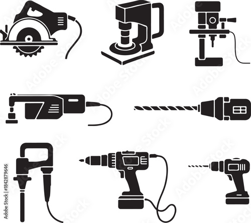 Electric Hardware Icons - Power Tools Vector Silhouette Set - tool, power, drill, saw, construction, equipment, silhouette, vector, electric, icon, set, 