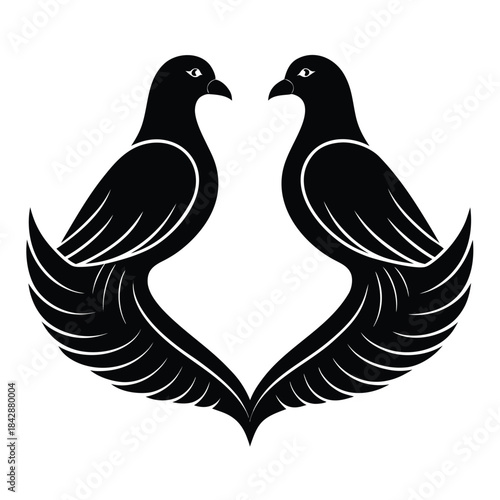 Two Black Pigeons Facing Each Other on White Background