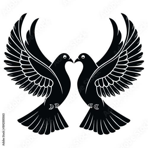 Two Black Pigeons with Open Wings on White Background