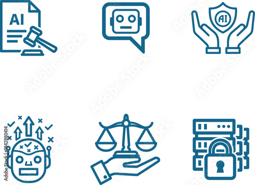 Artificial intelligence concept icon set depicting AI law justice security development and dat