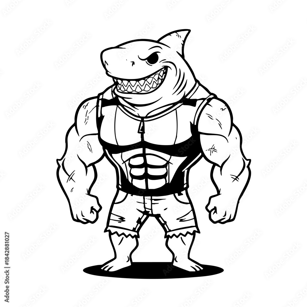 Naklejka premium Aggressive Muscular Shark Mascot Illustration Outline