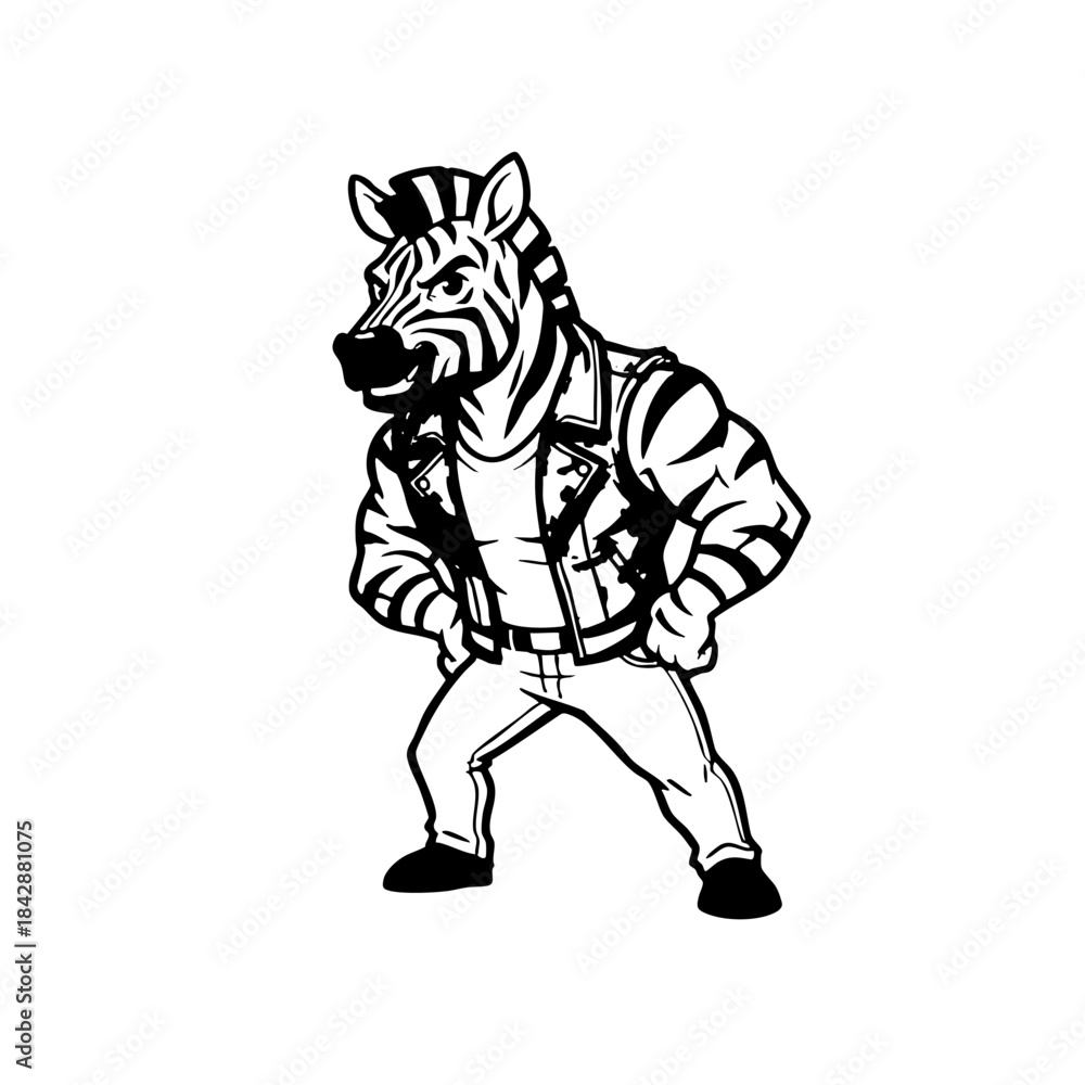 Fototapeta premium Cool Zebra Mascot in Biker Jacket Black and White Vector Art